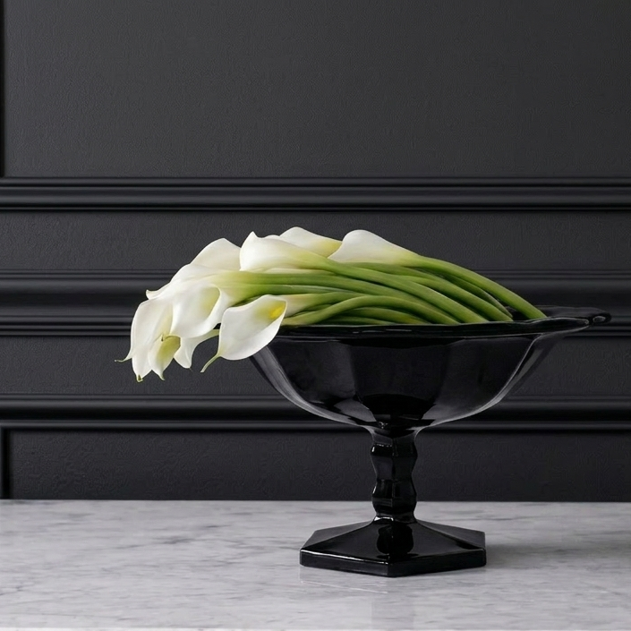 Black Art Glass Pedestal Bowl, Sculptural Scalloped Form