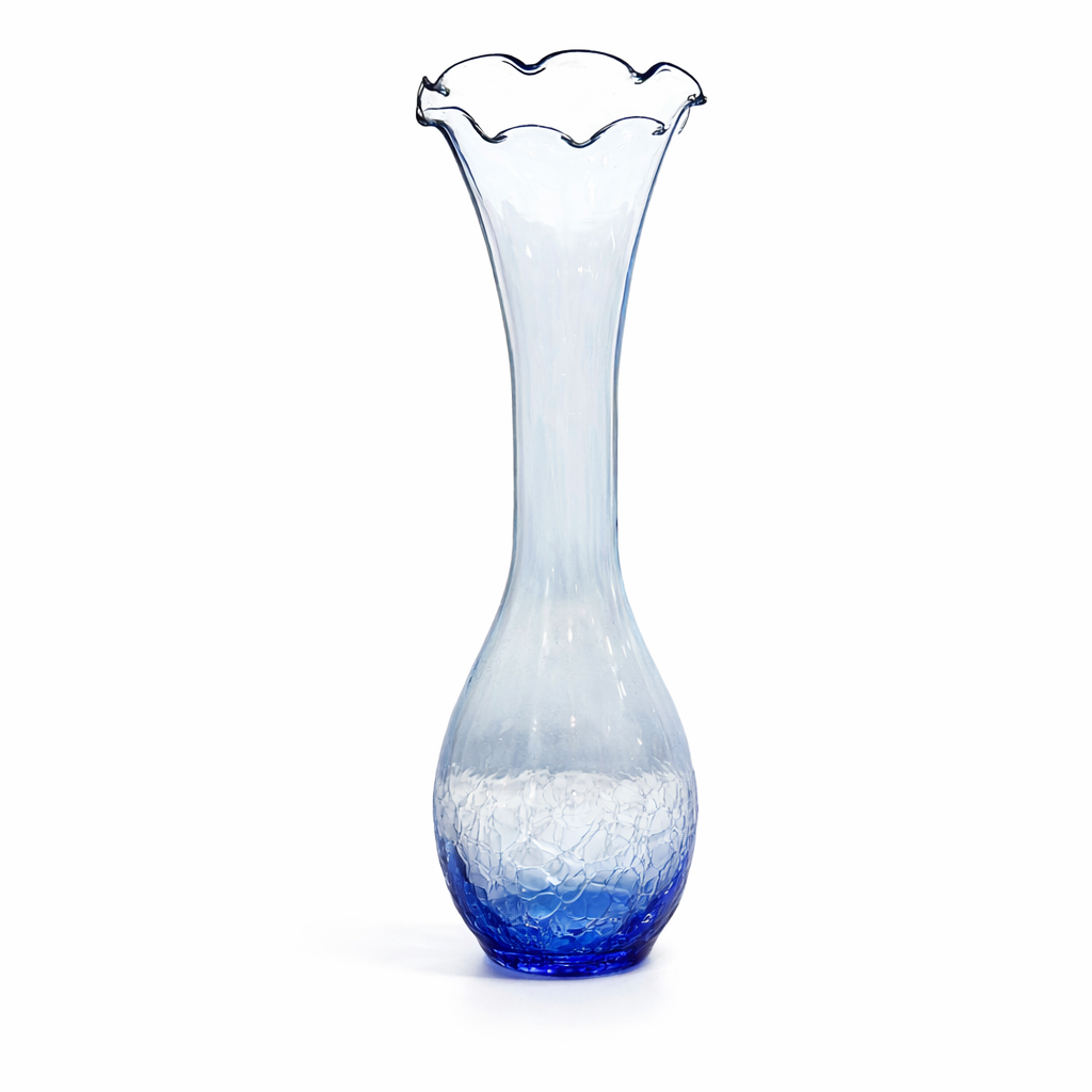 Blown Crackle Glass Bud Vase, Cobalt Ombré Ruffled Form