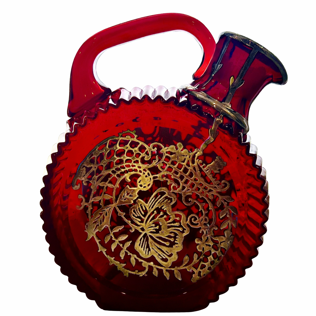 Bohemian Ruby Art Glass Jug, Polished Pontil & Gilt Medallion