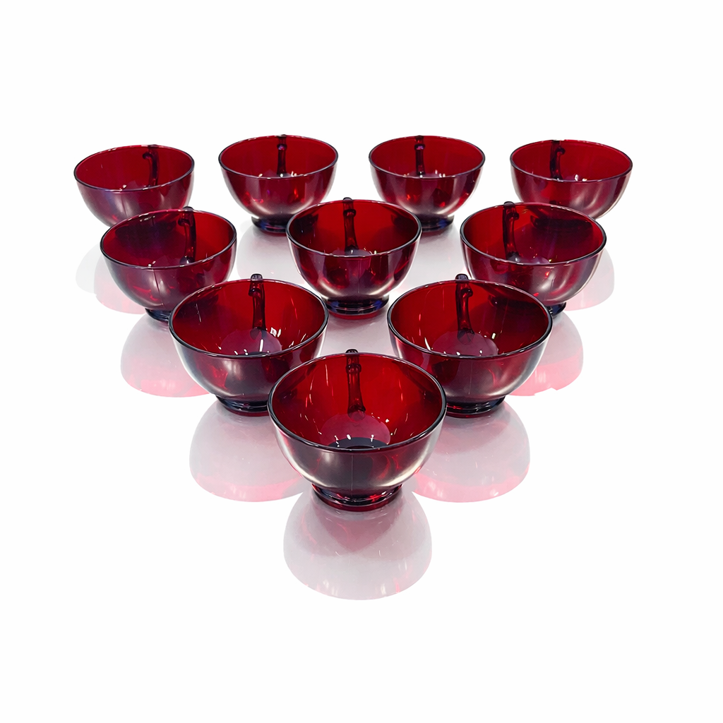 Mid-Century Ruby Red Art Glass Service for 10 | 1950s Cranberry Pedestal Cups | High-End Glassware