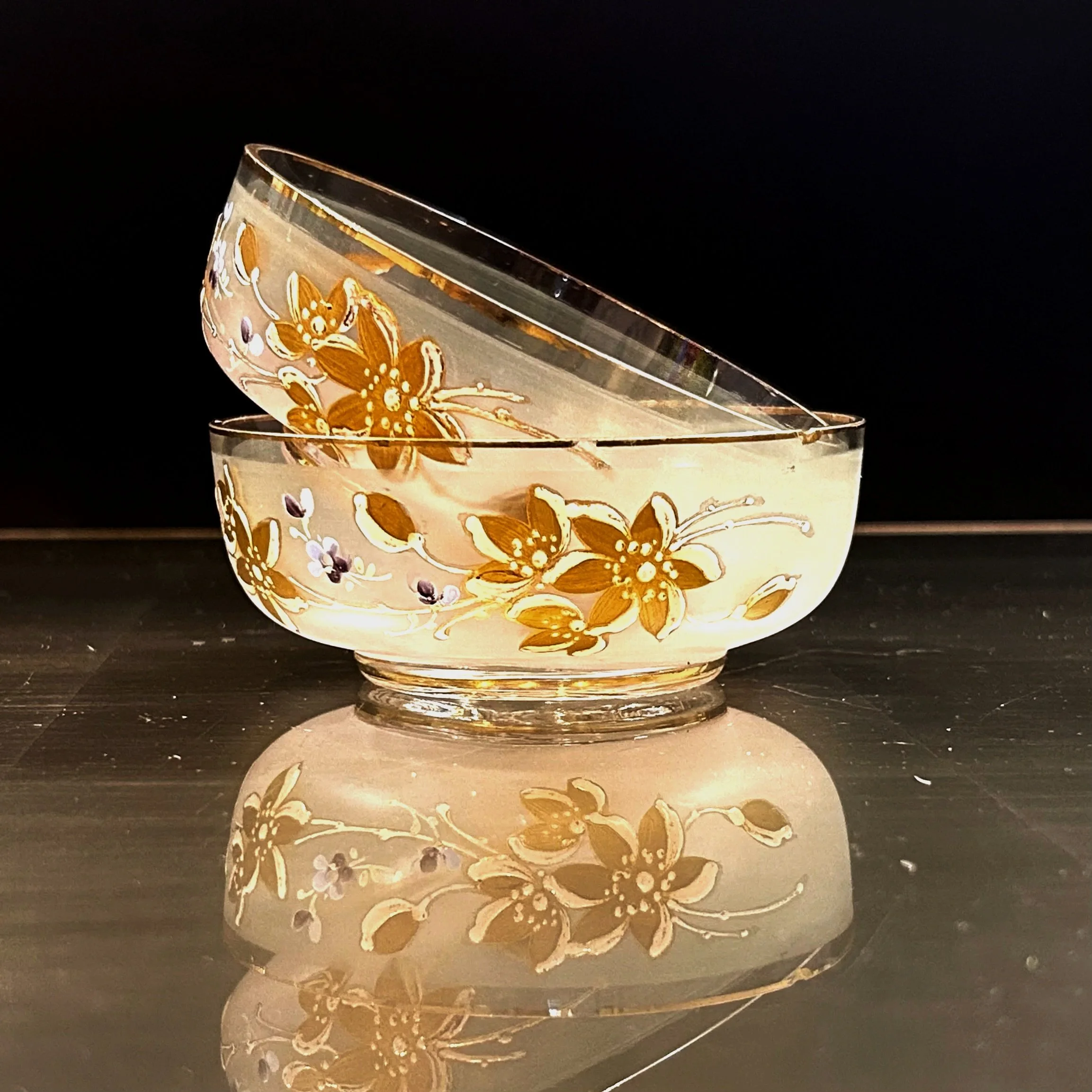 French Bohemian Enameled Glass Finger Bowls, Belle Époque Floral Form