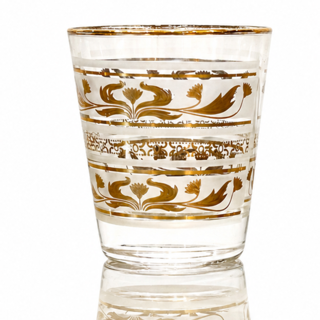 American Gilt Decorated Barware Tumbler, Mid-Century Modern Scroll Motif Glass