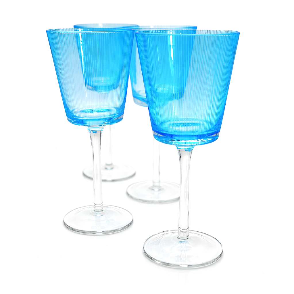 Aquamarine Glass Optic Ribbed Wine Glasses, Sculptural Stemware Set