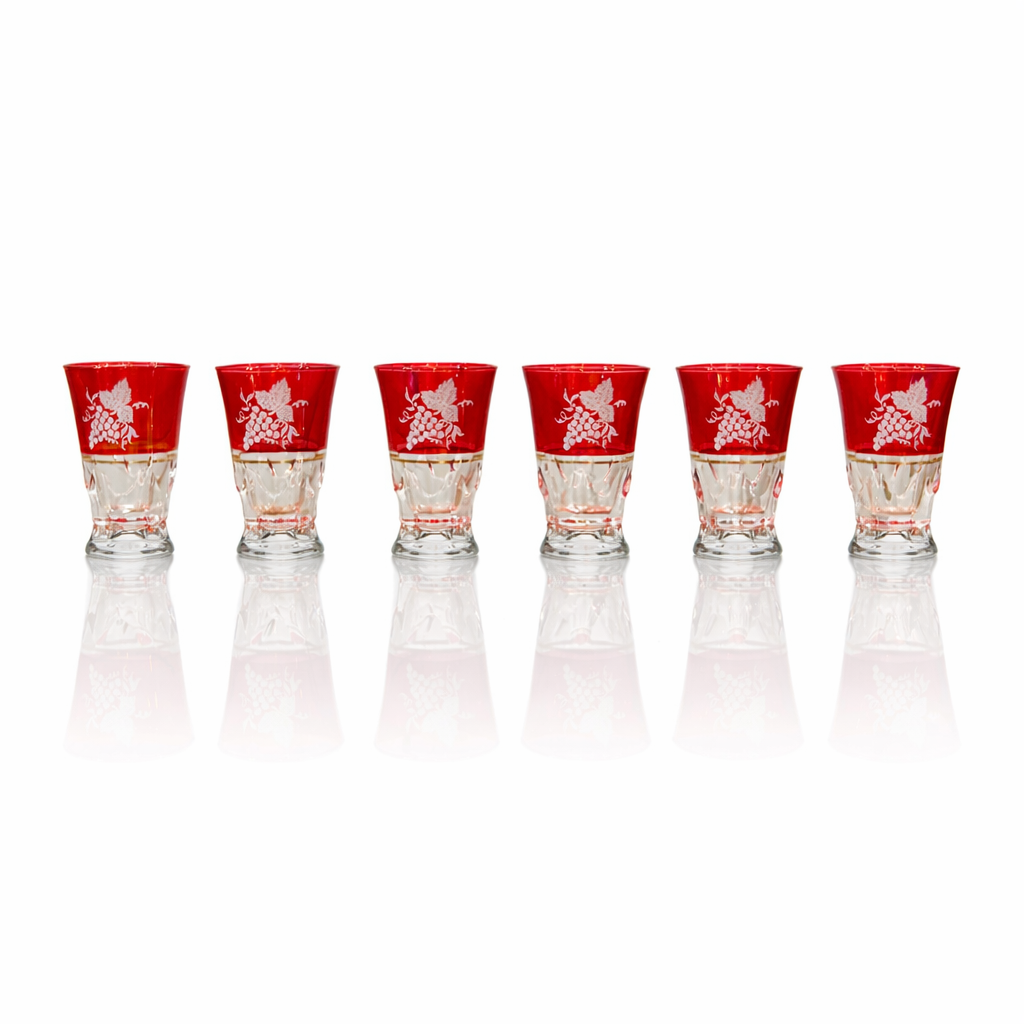 Bohemian Ruby Flash Glass Liqueur Cordials, Gilt Hand-Painted Detail — Set of 6