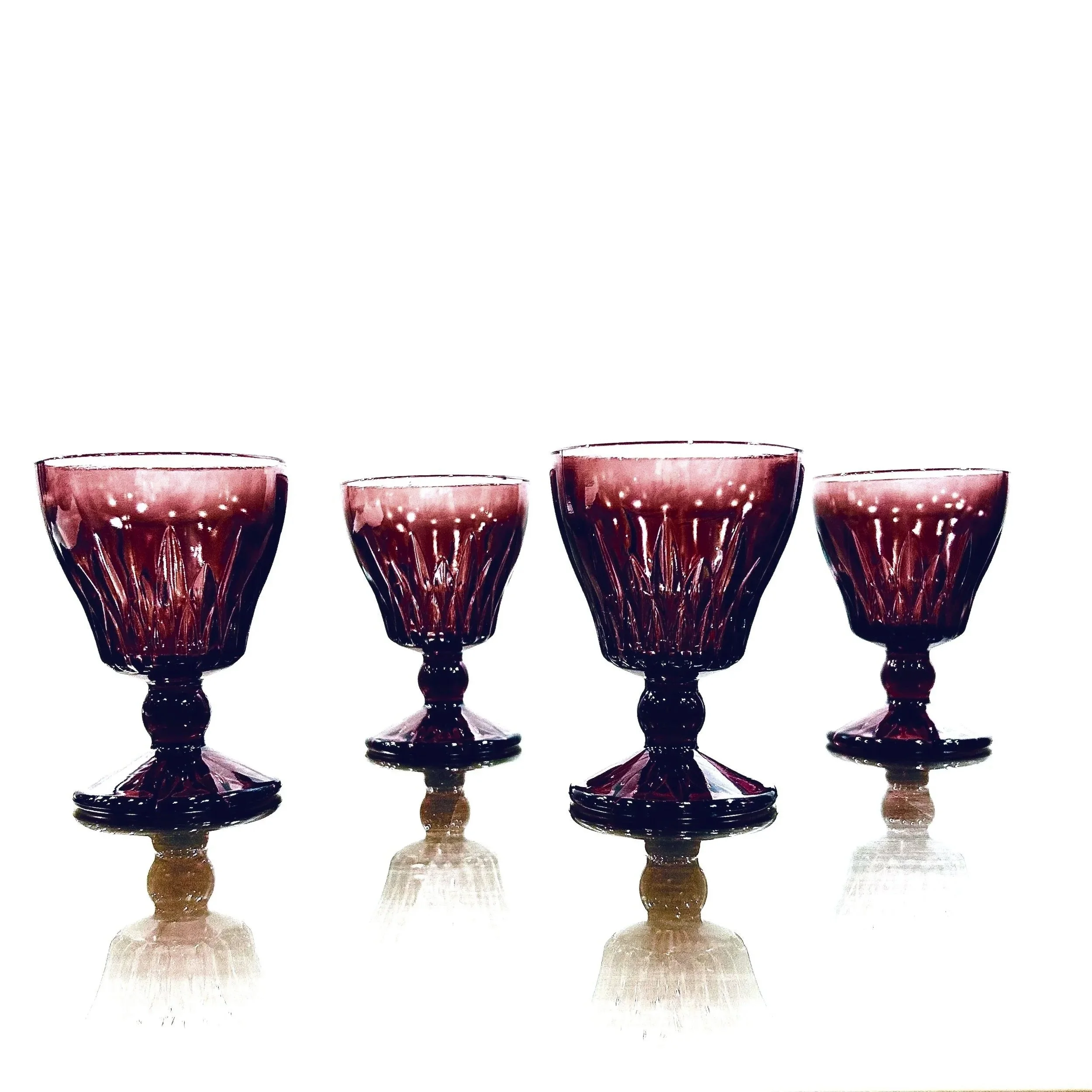 American Pressed Glass Manganese Goblets, Amethyst Optic Ribbed Form - Set of 4