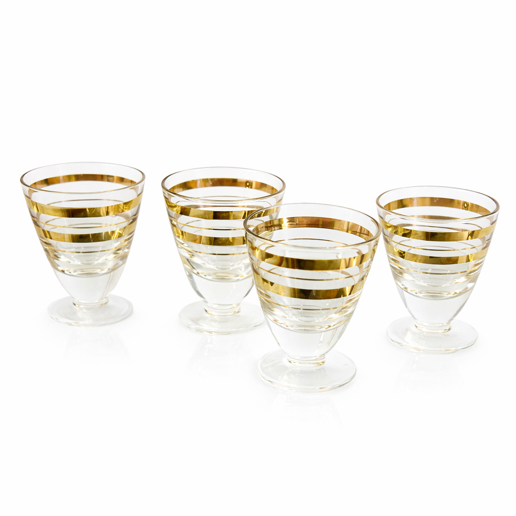 European Clear Glass Cordial Set, Four Pedestaled Vessels with Horizontal Gilt Banding