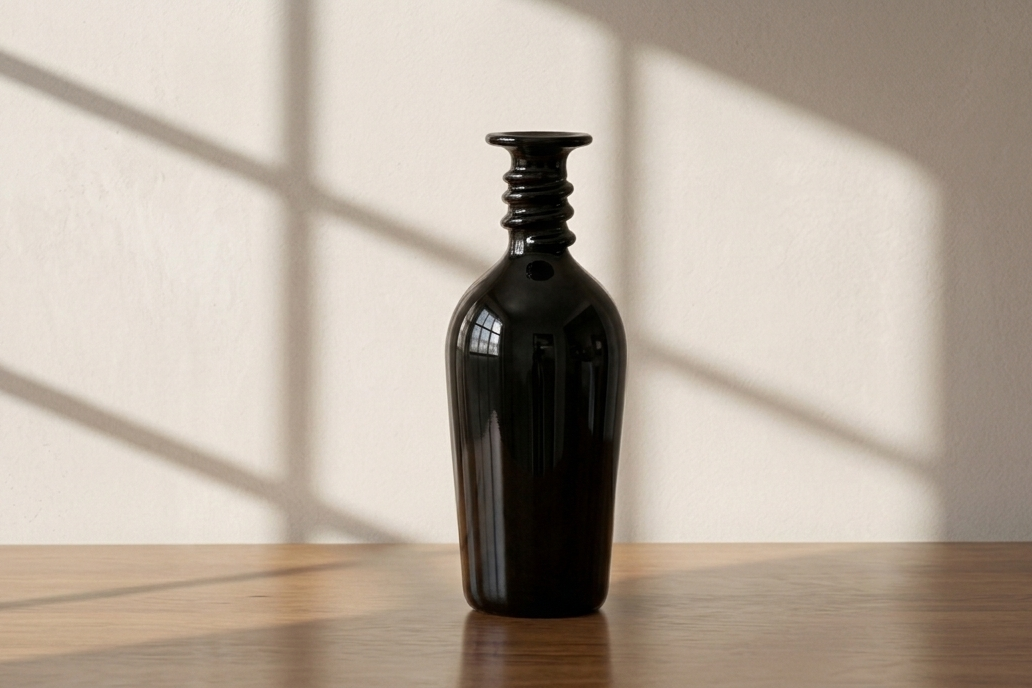 An exceptional 1960s Canadian studio pottery vase by Céramique de Princeville. Features a sculptural ribbed neck and deep obsidian glaze. Hand-thrown stoneware.