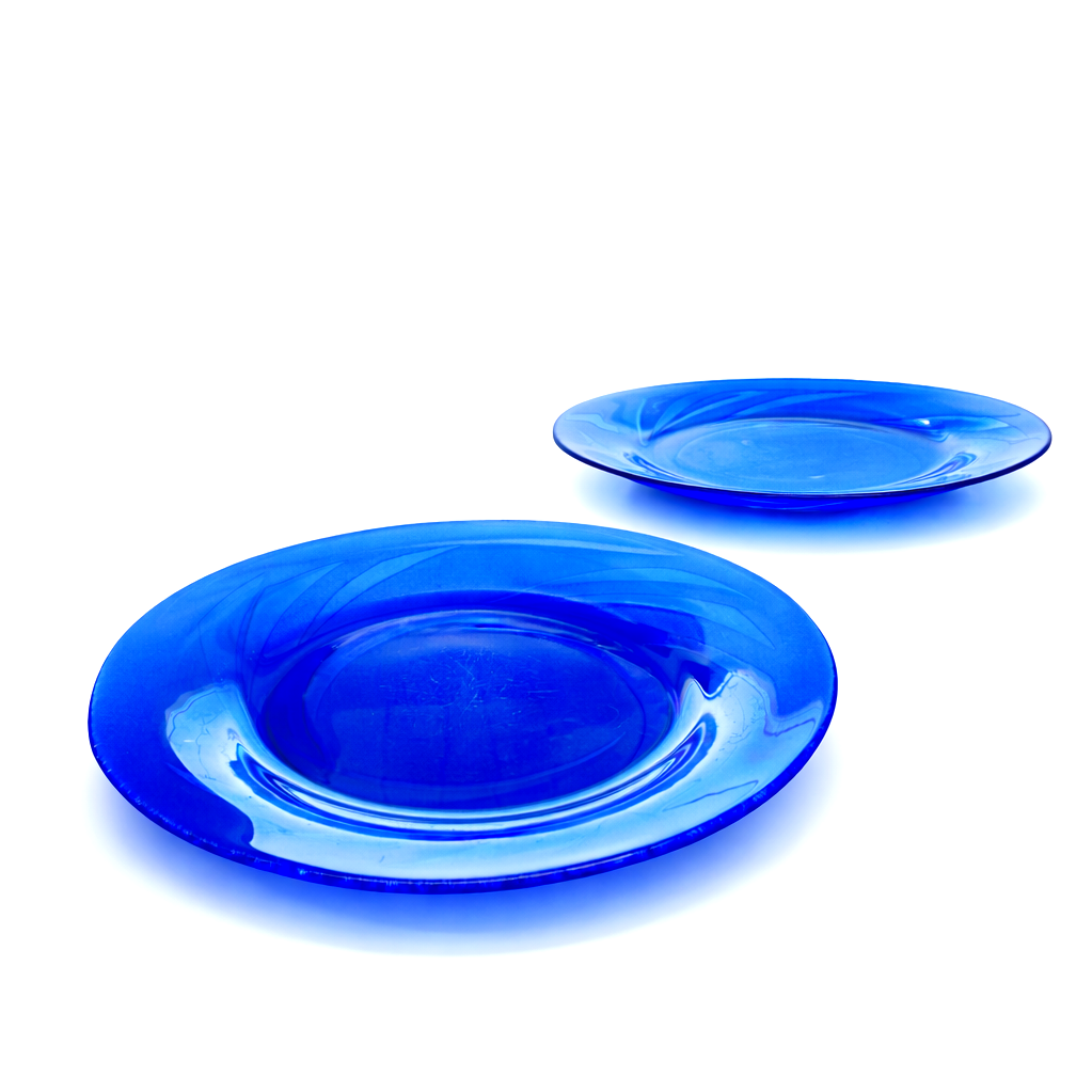 Pair of Art Deco Cobalt Sculptural Glass Plates | "N° " Streamline Relief