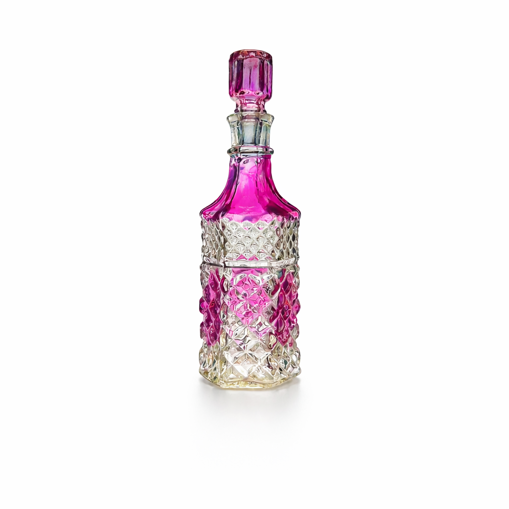 Czech Bohemian Cranberry Flash Cut-to-Clear Glass Decanter, Hexagonal Faceted Form