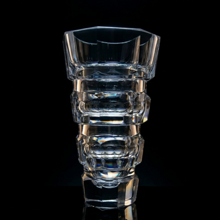 Czech Cut Crystal Architect Vase, Karlovy Vary Style, c 1960
