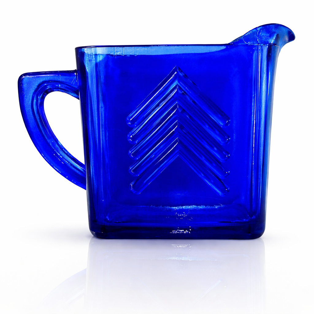 American Cobalt Pressed Glass Creamer, Art Deco Chevron Form