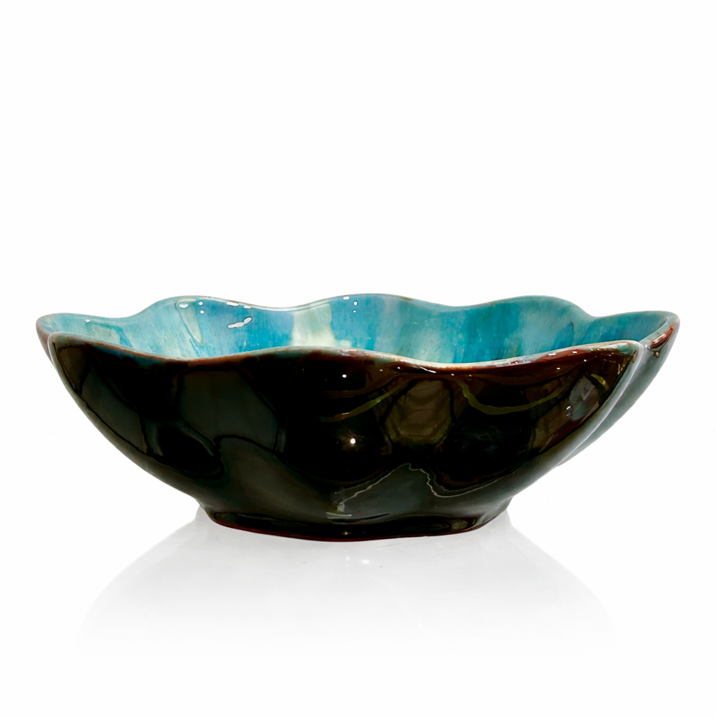 Canada Art Pottery Turquoise Drip Glaze Scalloped Bowl 9.5