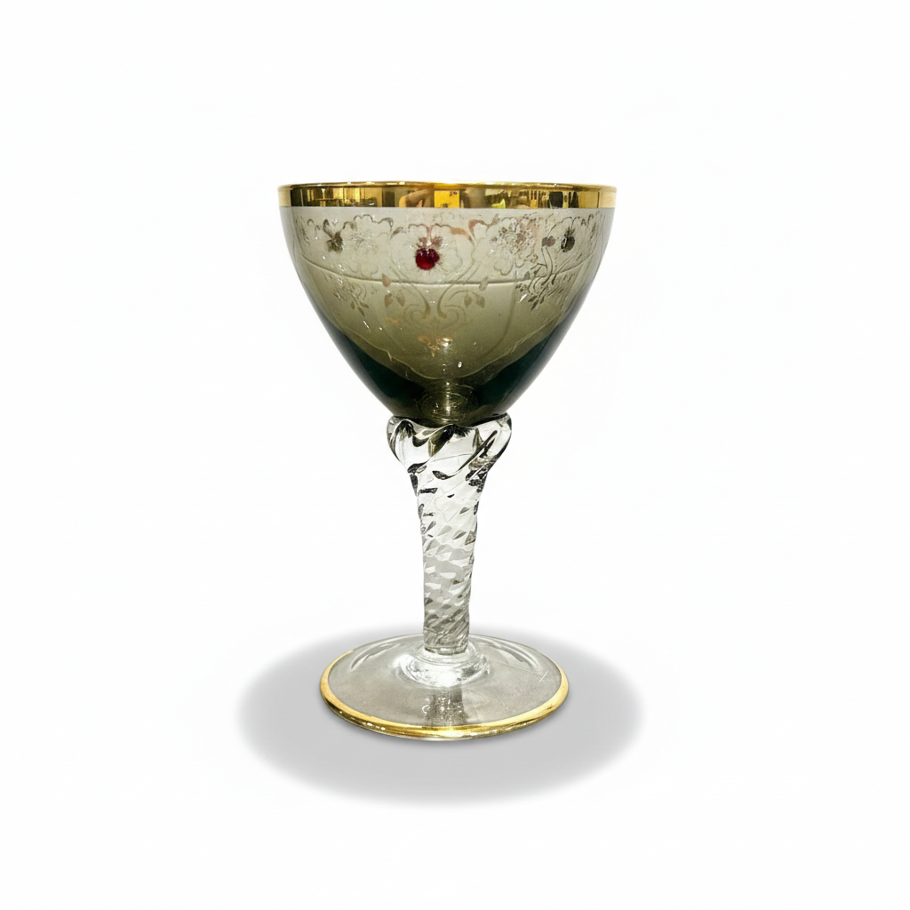 Mid-Century Bohemian Hand Blown Goblet with Gold & Ruby