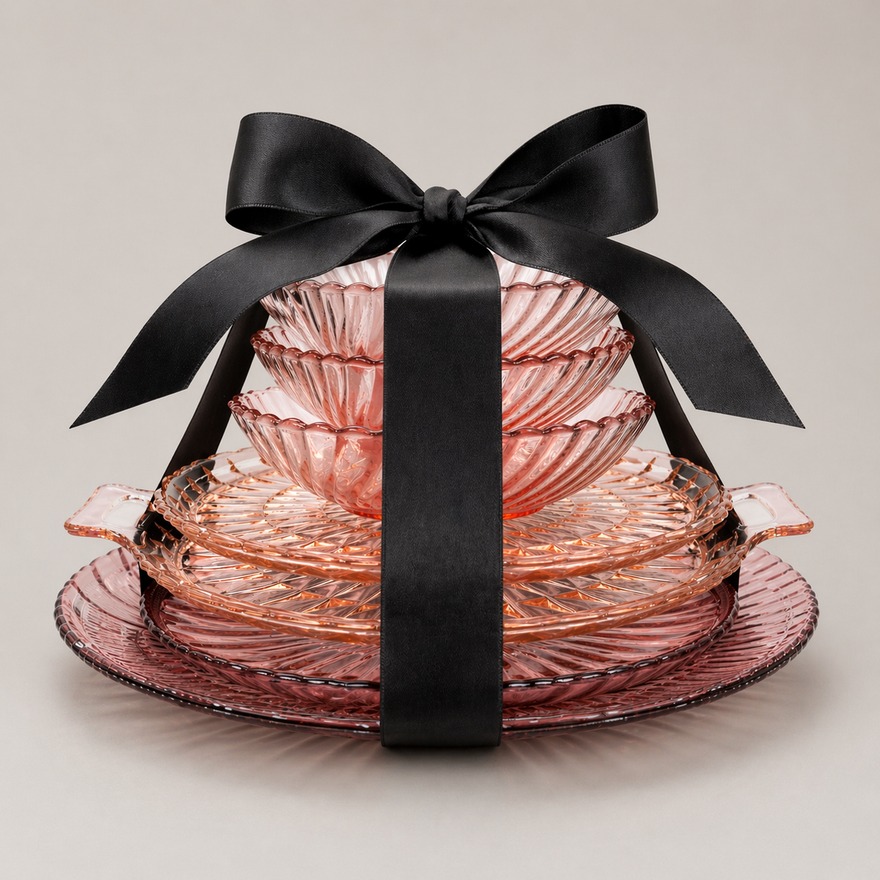 Stack of pink glass dishes tied with a black ribbon and bow.