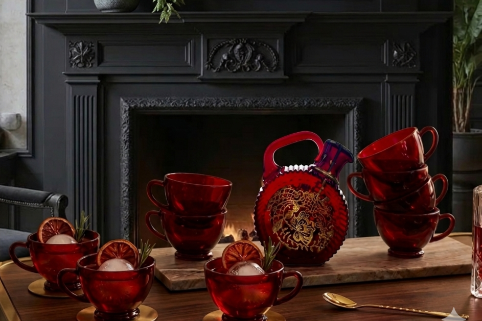 Red glass cups with handles, some stacked, on a wooden table in front of a fireplace, with a decorative vase and dried orange slices, ice, and rosemary in the cups. A fireplace with a dark mantel is in the background.