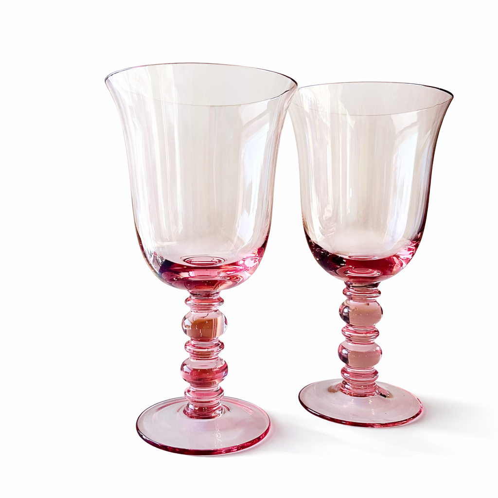 Blush Cranberry Cased Art Glass Goblets with Sculptural Stem, Service for 2