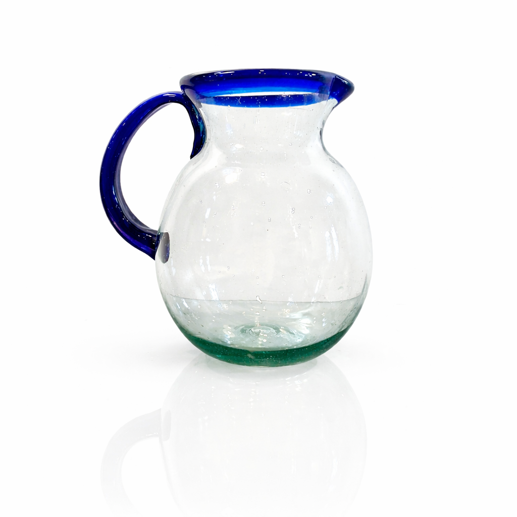 Exquisite Hand-Blown Cobalt Rim Art Glass Pitcher | Heavy Blown Glass