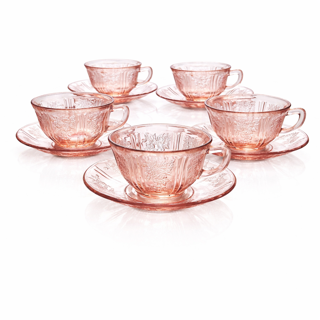 Service for 6, Depression Glass Teacups and Saucers with Rose Relief