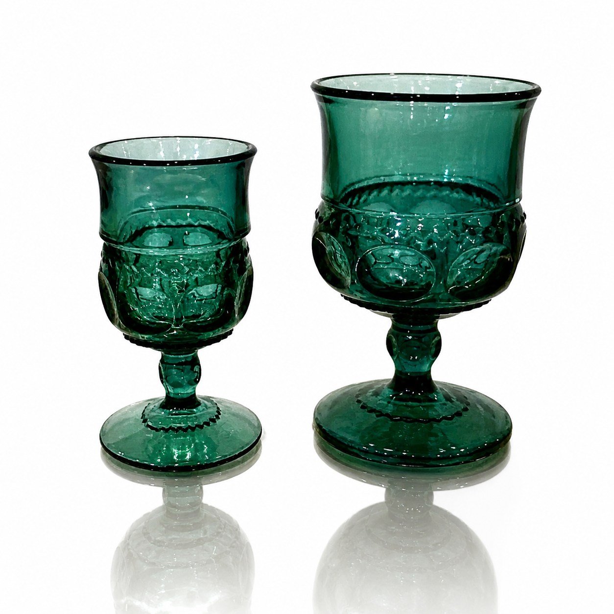 Exceptional Pair of Victorian Teal Pressed Glass Goblets | Rare Blue-Green Tone | Circa 1890
