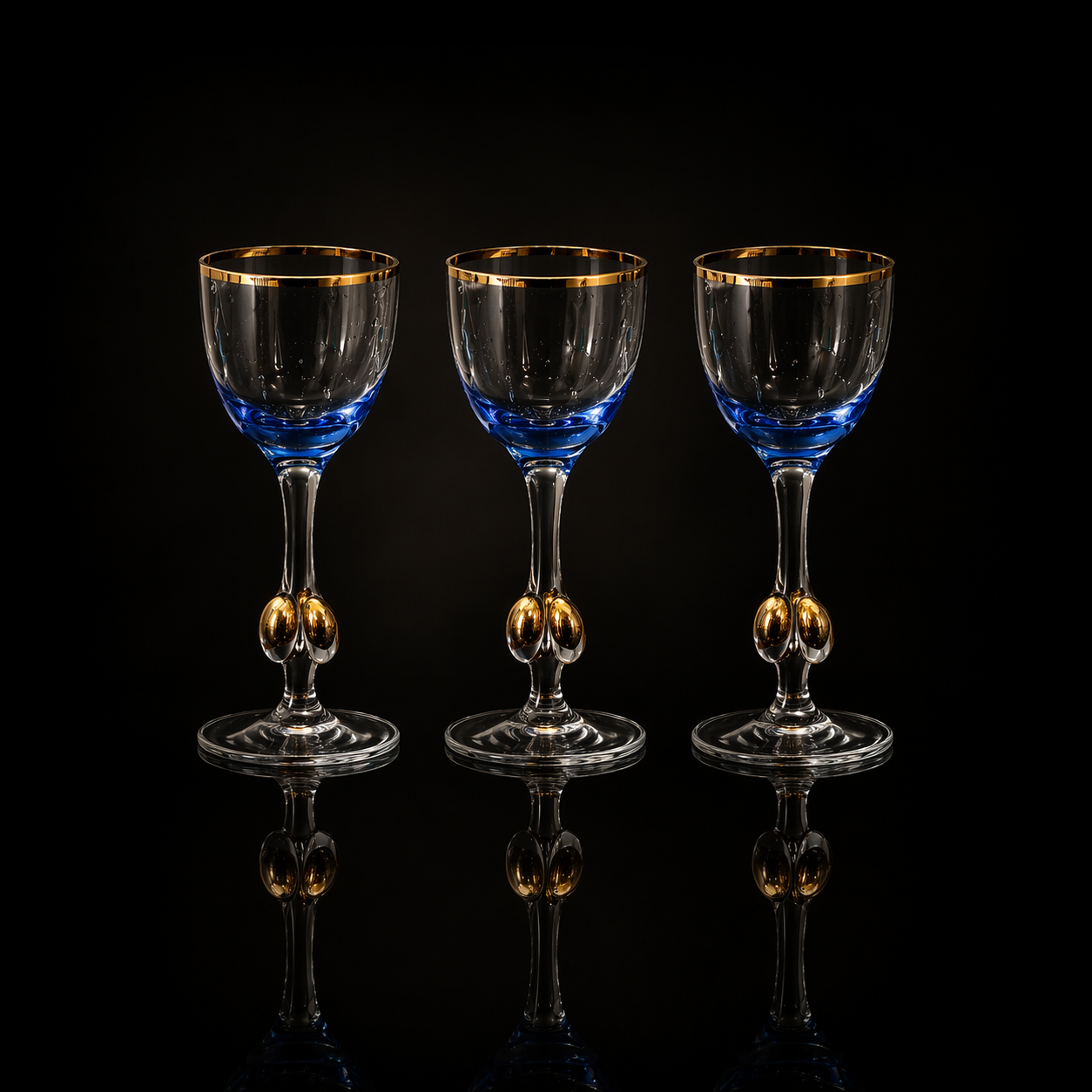 Venetian Cobalt & Gold Orb Aperitif Glasses, Set of Three Modernist Stems
