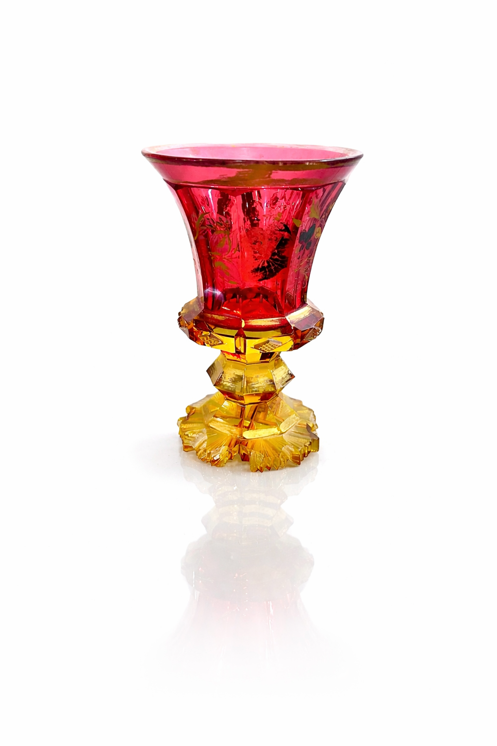 Ruby & Amber Cut Crystal Vase, Floral Etch, Art Deco Style