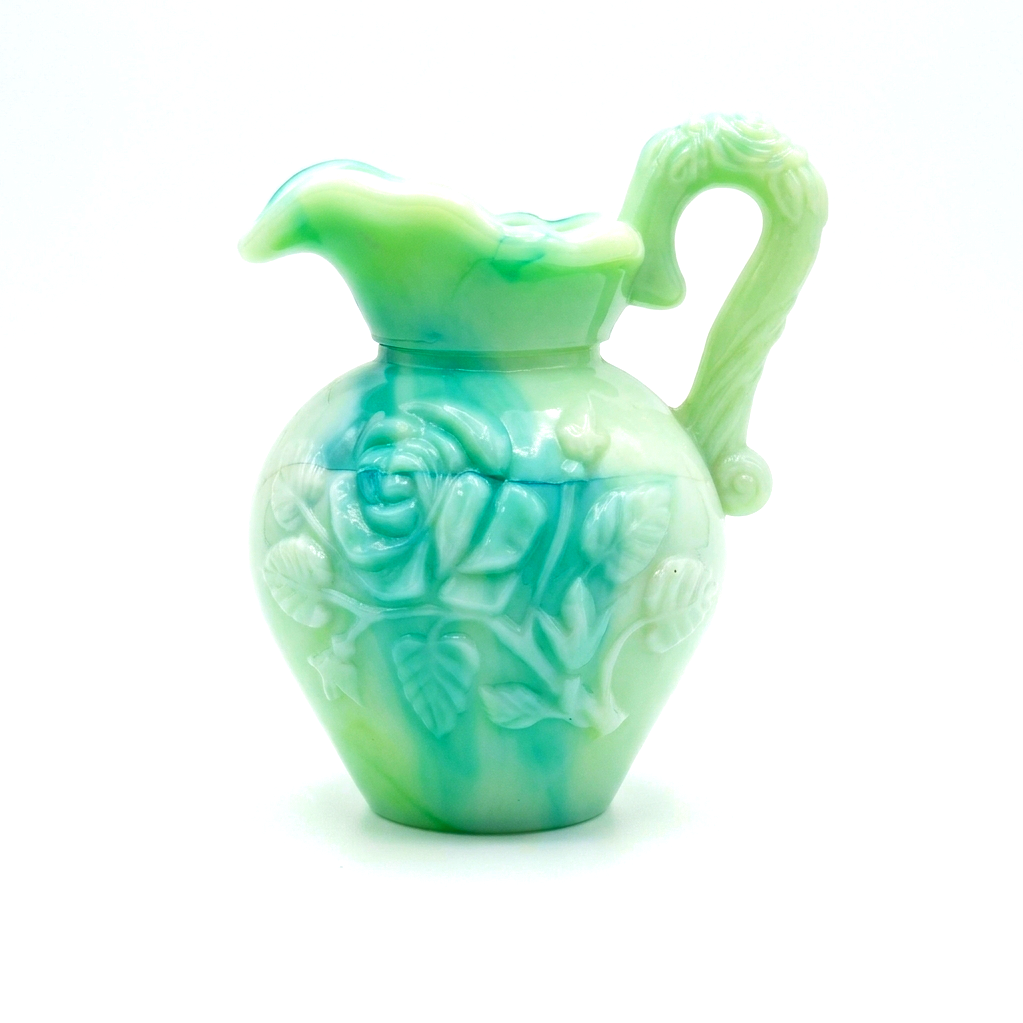 Marbled Jadiete Glass Creamer, Green Slag Sculptural Form