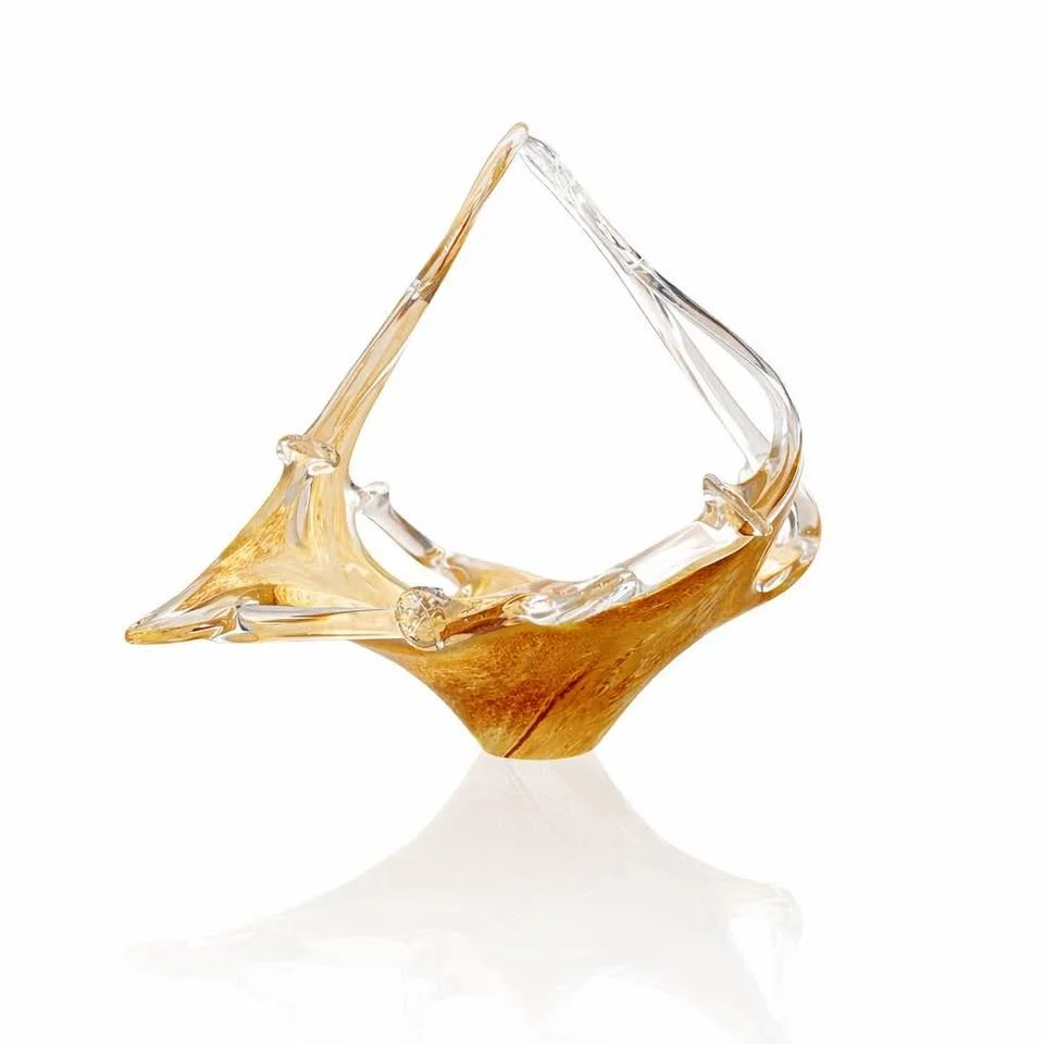 Heavy Hand-Blown Art Glass Basket, Amber & Clear, 9.75