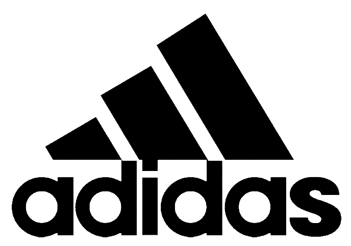 Black Adidas logo with three parallel stripes diagonally slanted and the brand name 'adidas' below.