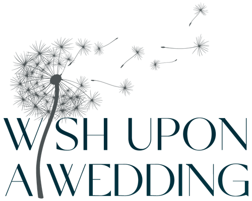 Dandelion with seeds blowing away and the text 'Wish Upon a Wedding' in dark blue.