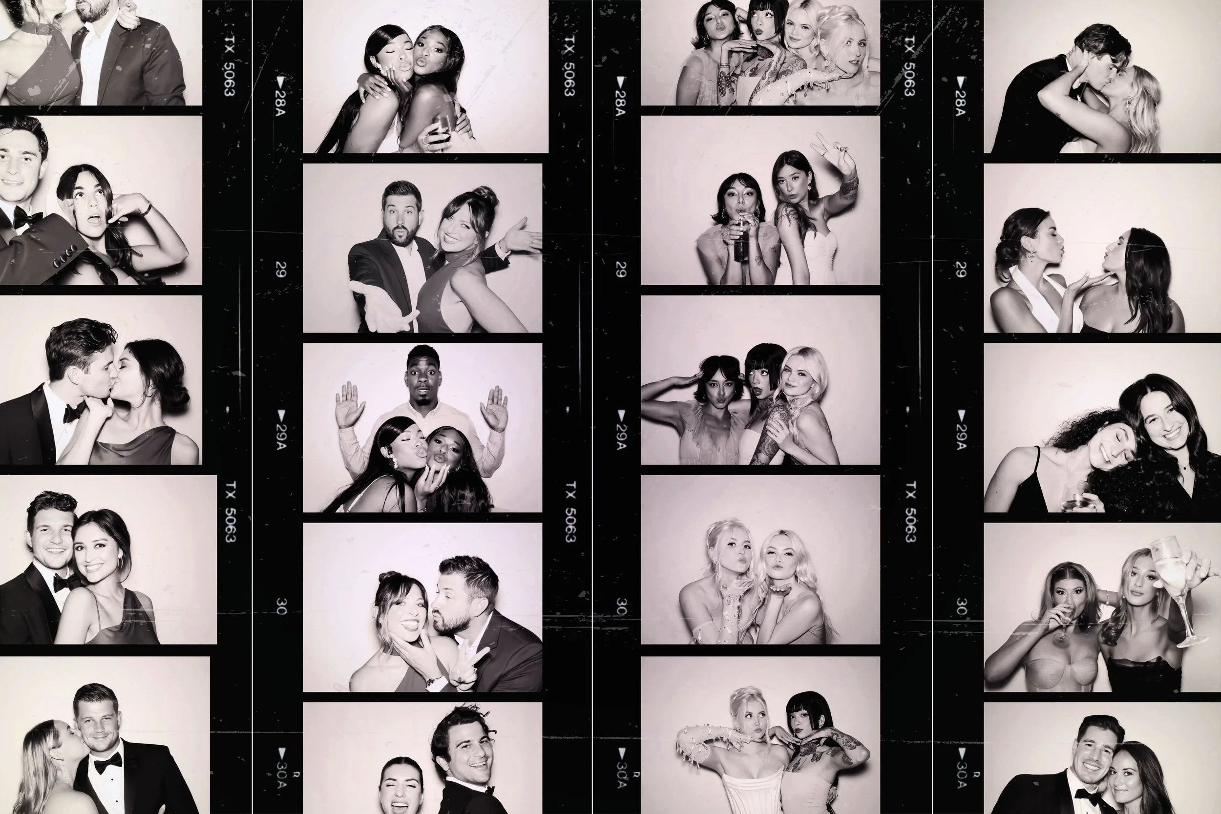 A collage of black and white photo booth pictures featuring various couples and groups of friends at a party or event, posing and making playful gestures.