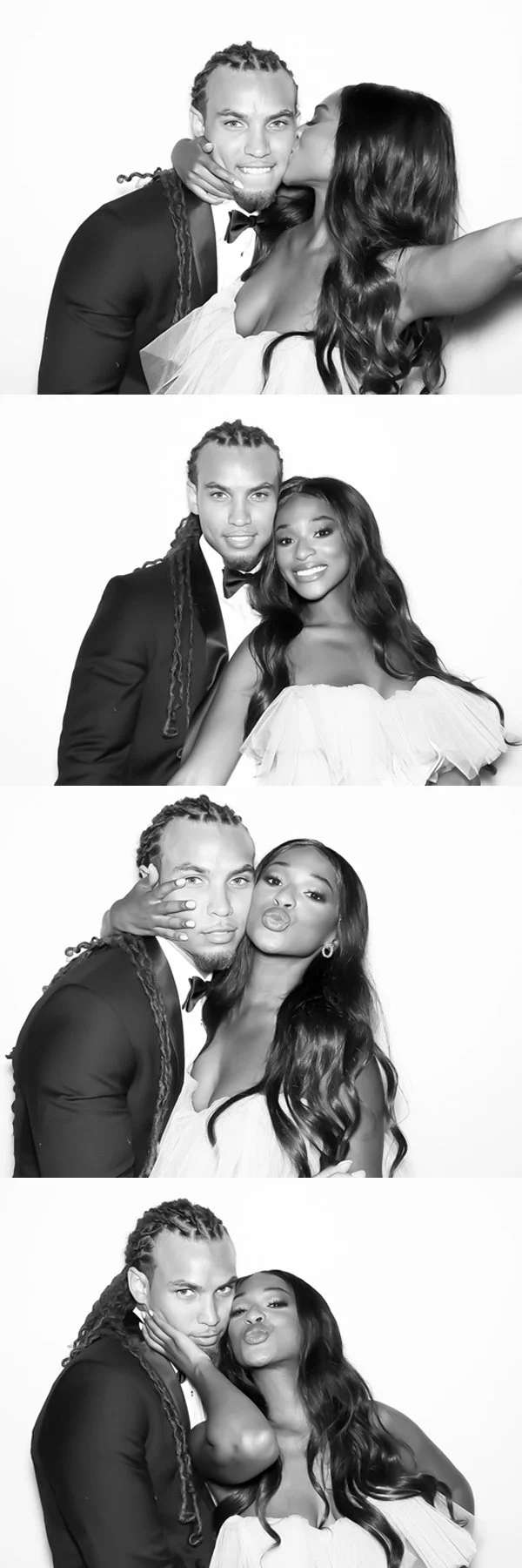 Four black-and-white photos of a couple celebrating, with the woman wearing a white off-the-shoulder dress and the man in a tuxedo. The images show affectionate and playful poses, including kisses, smiles, and touching faces.