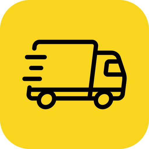 Icon of a delivery truck in black on a yellow background.