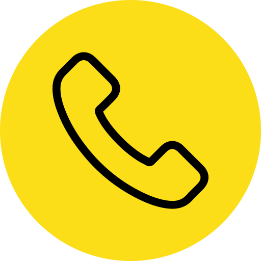 Yellow circular sign with a black outline of a phone handset.
