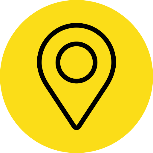 Yellow circular icon with a black location pin symbol in the center.