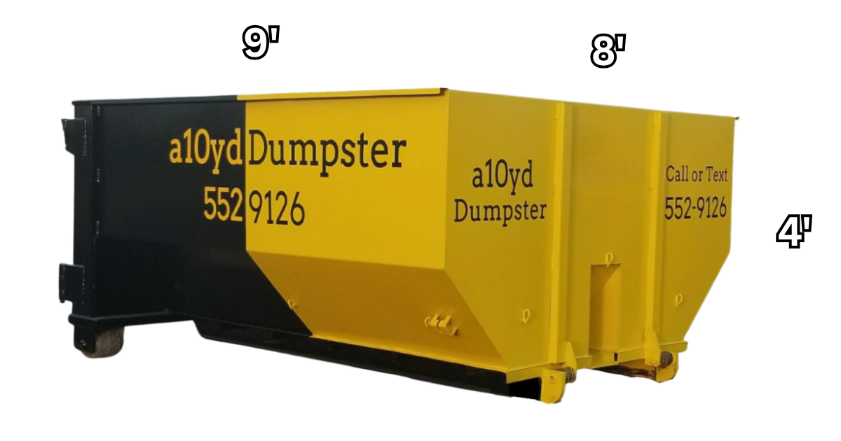 Yellow and black dumpster with contact information on the sides for a yard Dumpster rental service.