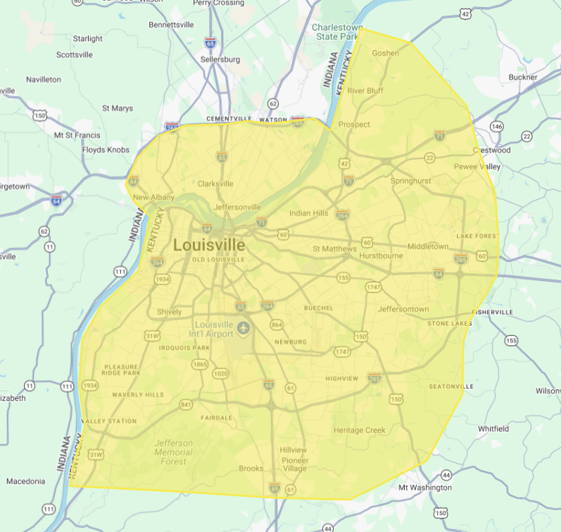 Map of Louisville, Kentucky with the city and surrounding areas highlighted in yellow.