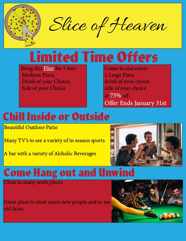 The front side of a flyer for the Mock Company "Slice of Heaven"