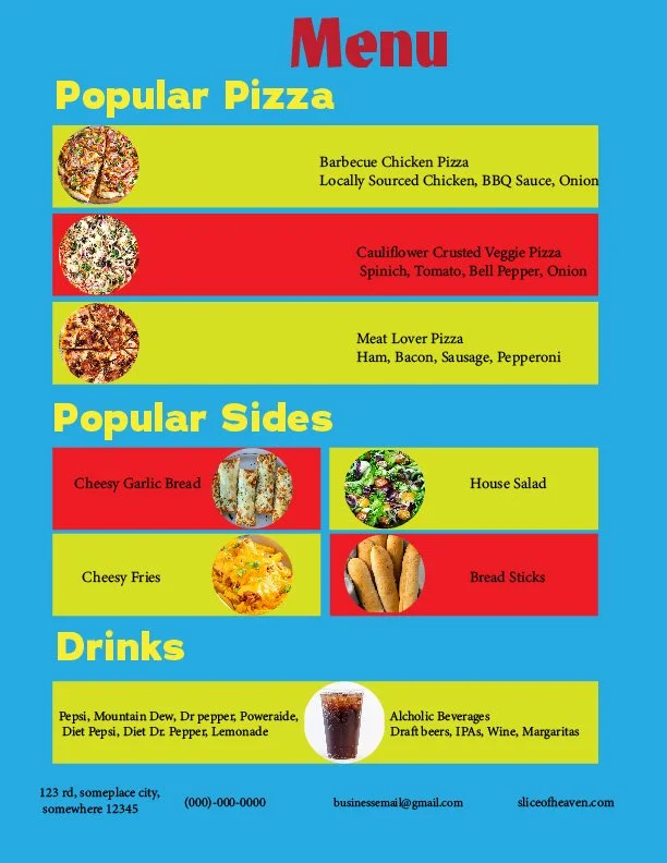 The back side of the flyer for the Mock Company "Slice of Heaven". This side shows the menu