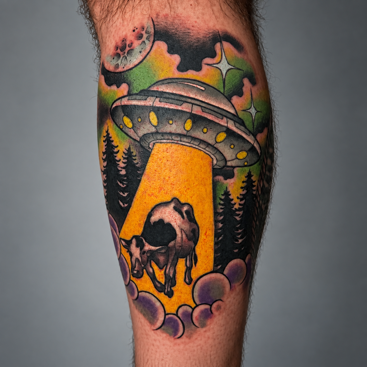 Color skull and forest landscape tattoo by Adrian Aguirre.