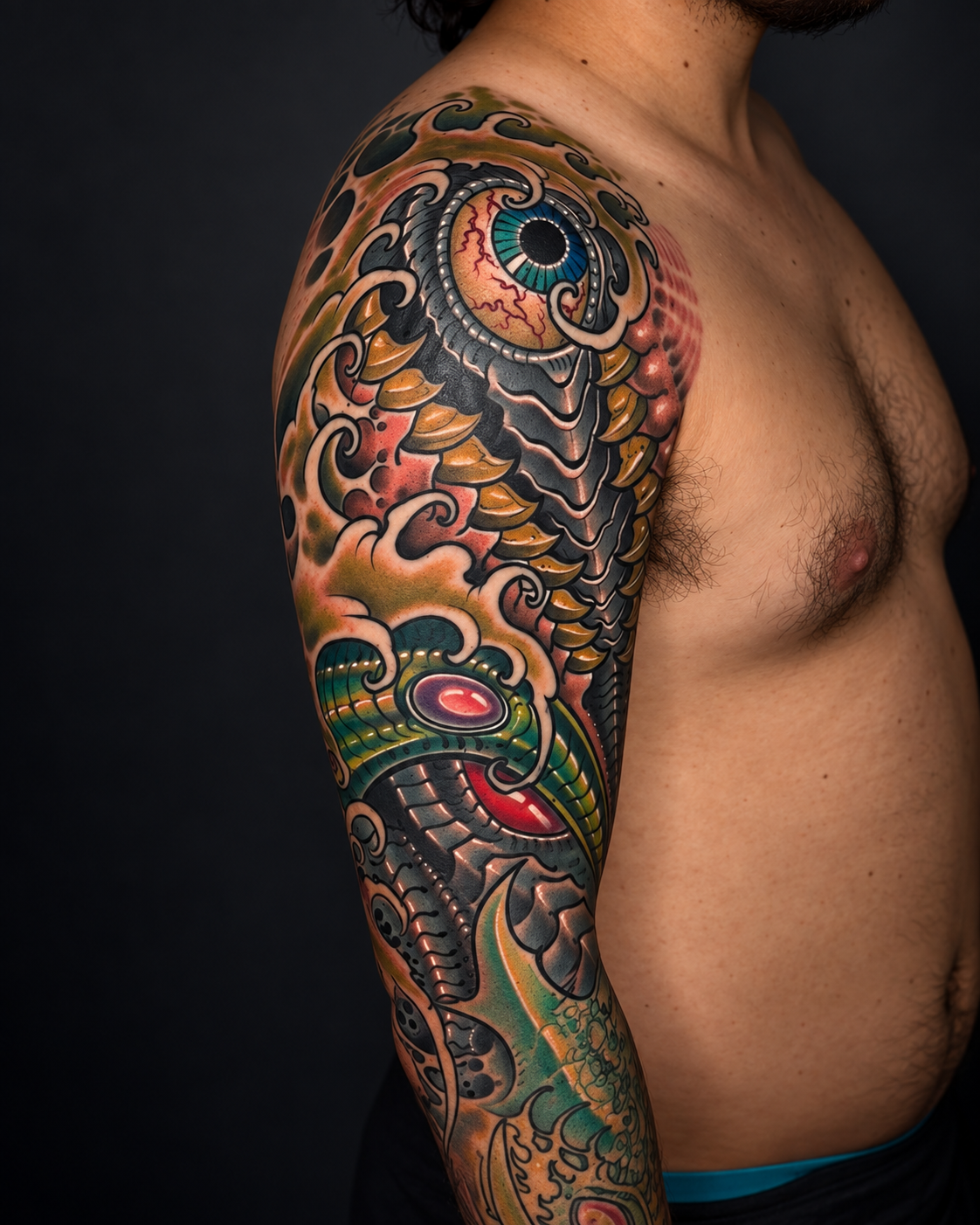 Color ornamental upper-arm tattoo by Adrian Aguirre.