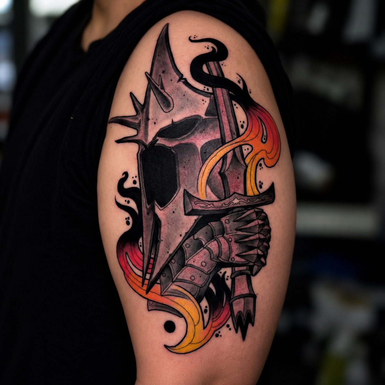 Color skull tattoo with mushrooms and foliage by Adrian Aguirre.