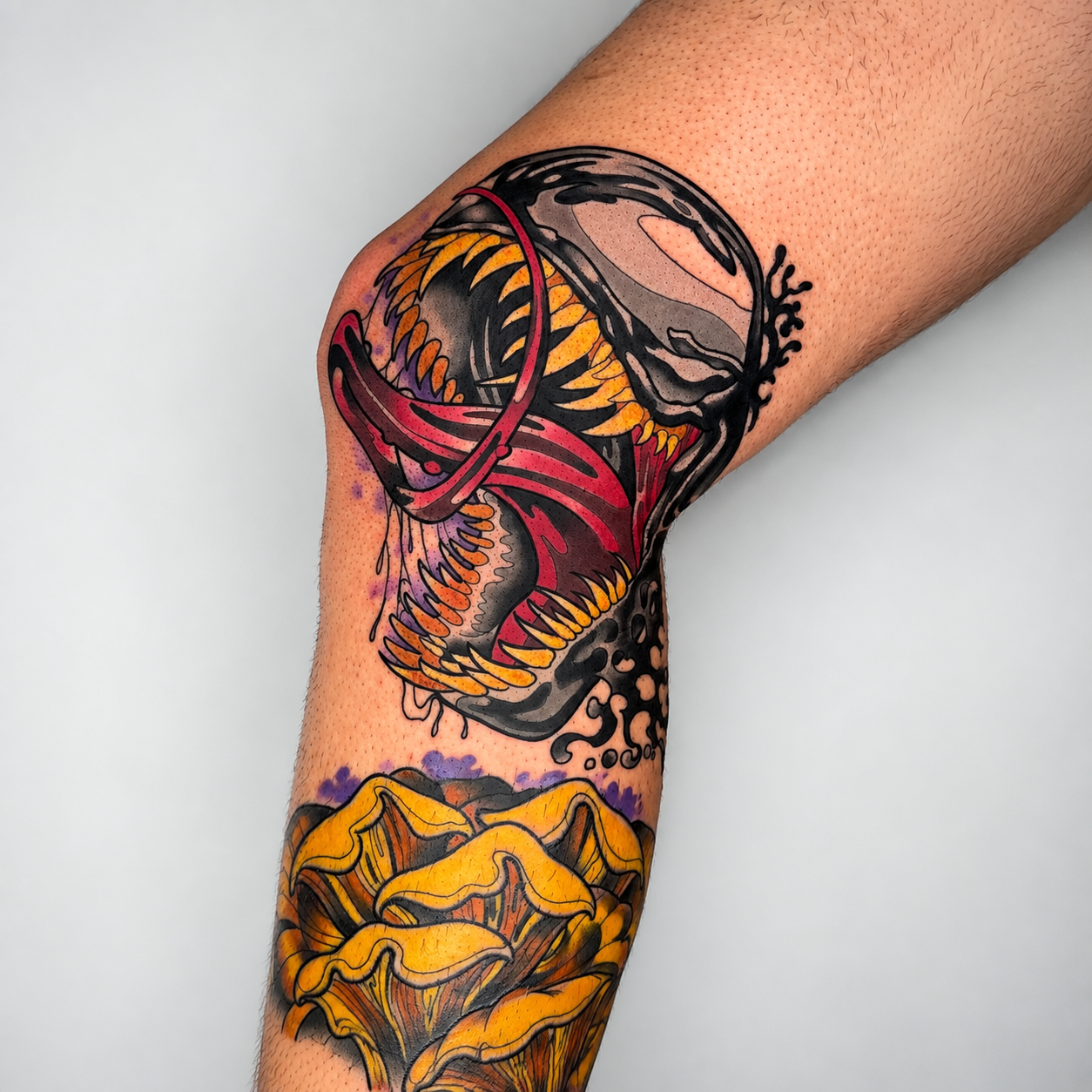 Bold color tiger tattoo around the knee by Adrian Aguirre.