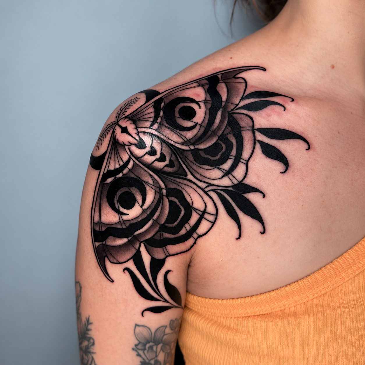 Black ornamental shoulder tattoo with eye motifs by Adrian Aguirre.
