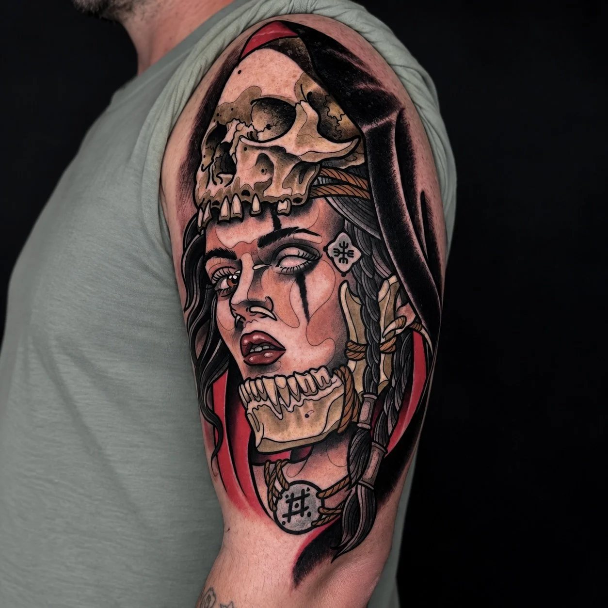 Neo-traditional woman and skull portrait tattoo by Adrian Aguirre.