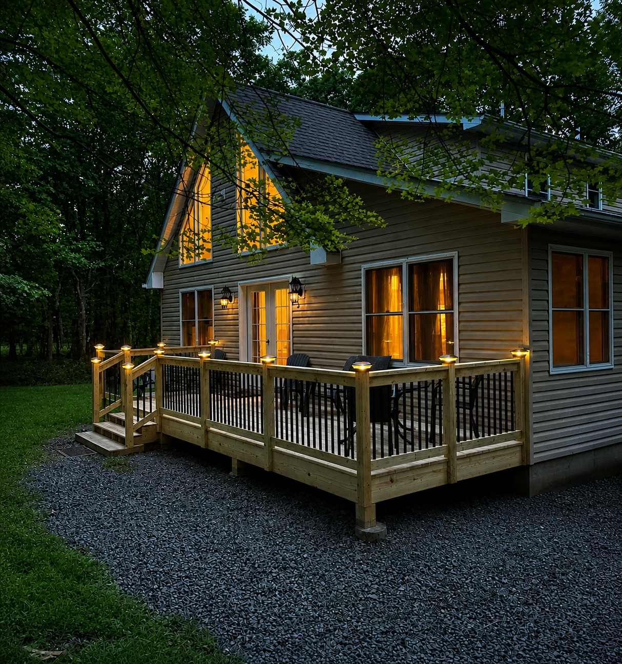 A wooden deck with outdoor seating and lights attached to the railing, attached to a house with large windows and warm interior lighting, surrounded by trees at dusk.