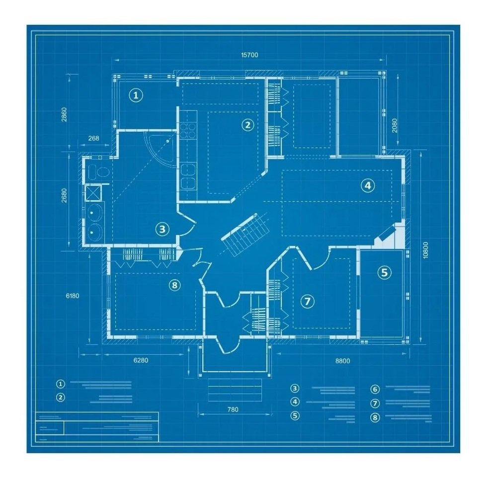 Blueprint of a house floor plan showing various rooms with labeled numbers and measurements.