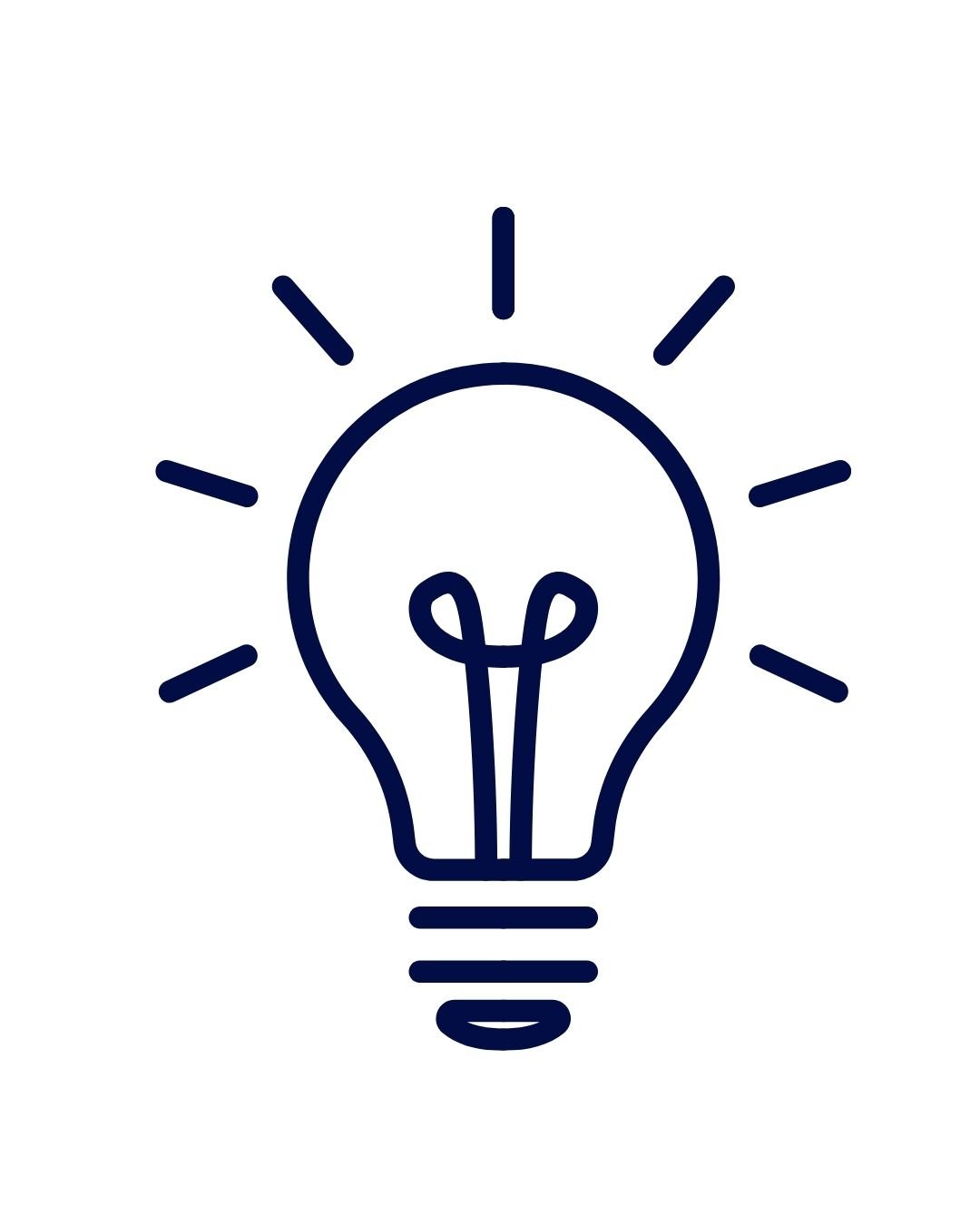 Simple line drawing of a light bulb with rays of light around it.