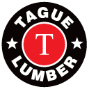 Logo for Tague Lumber with a red circle in the center containing a white 'T', surrounded by black and white text.