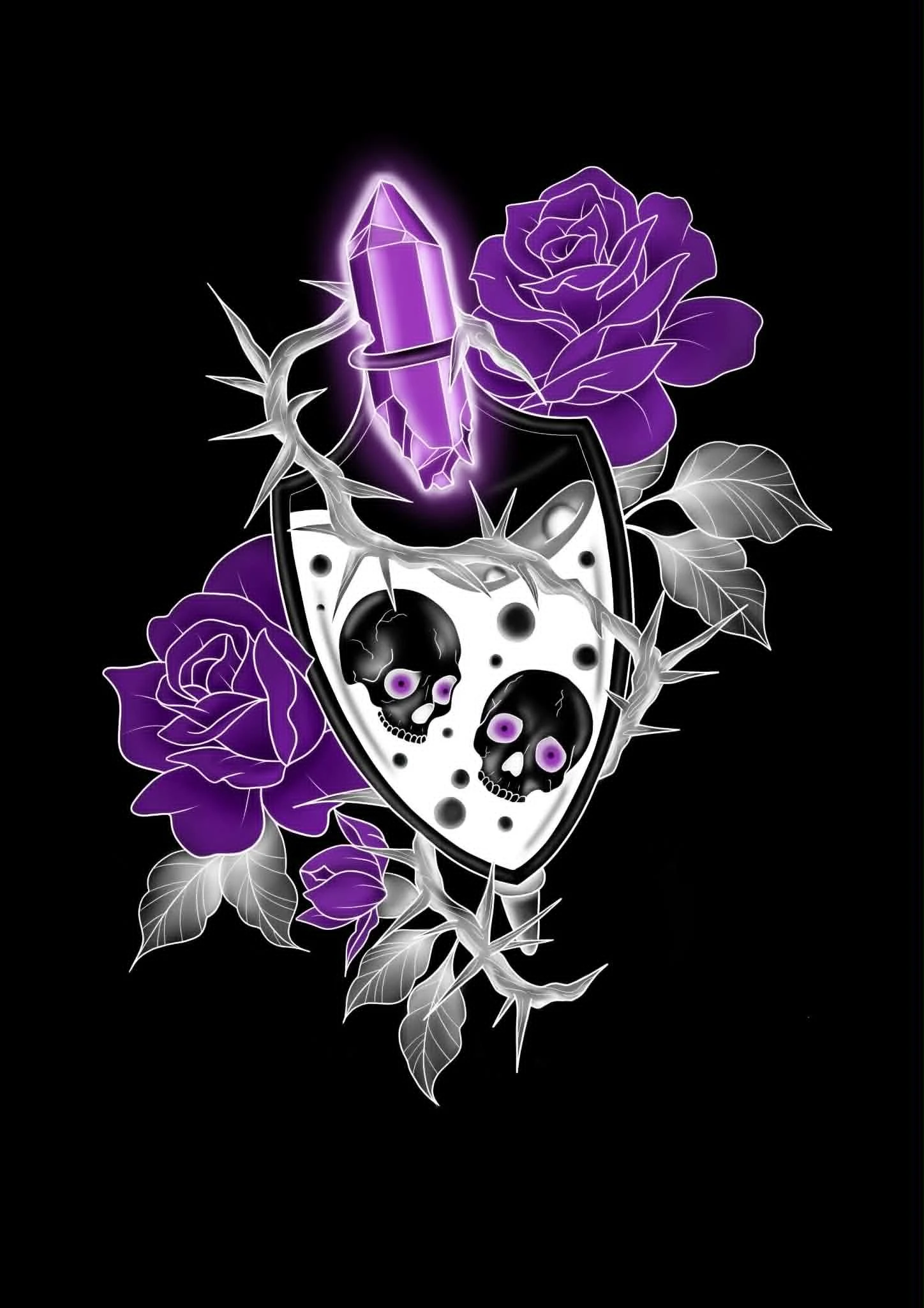 Digital illustration of a skull with purple eyes, crystal, roses, and thorns on a black background.