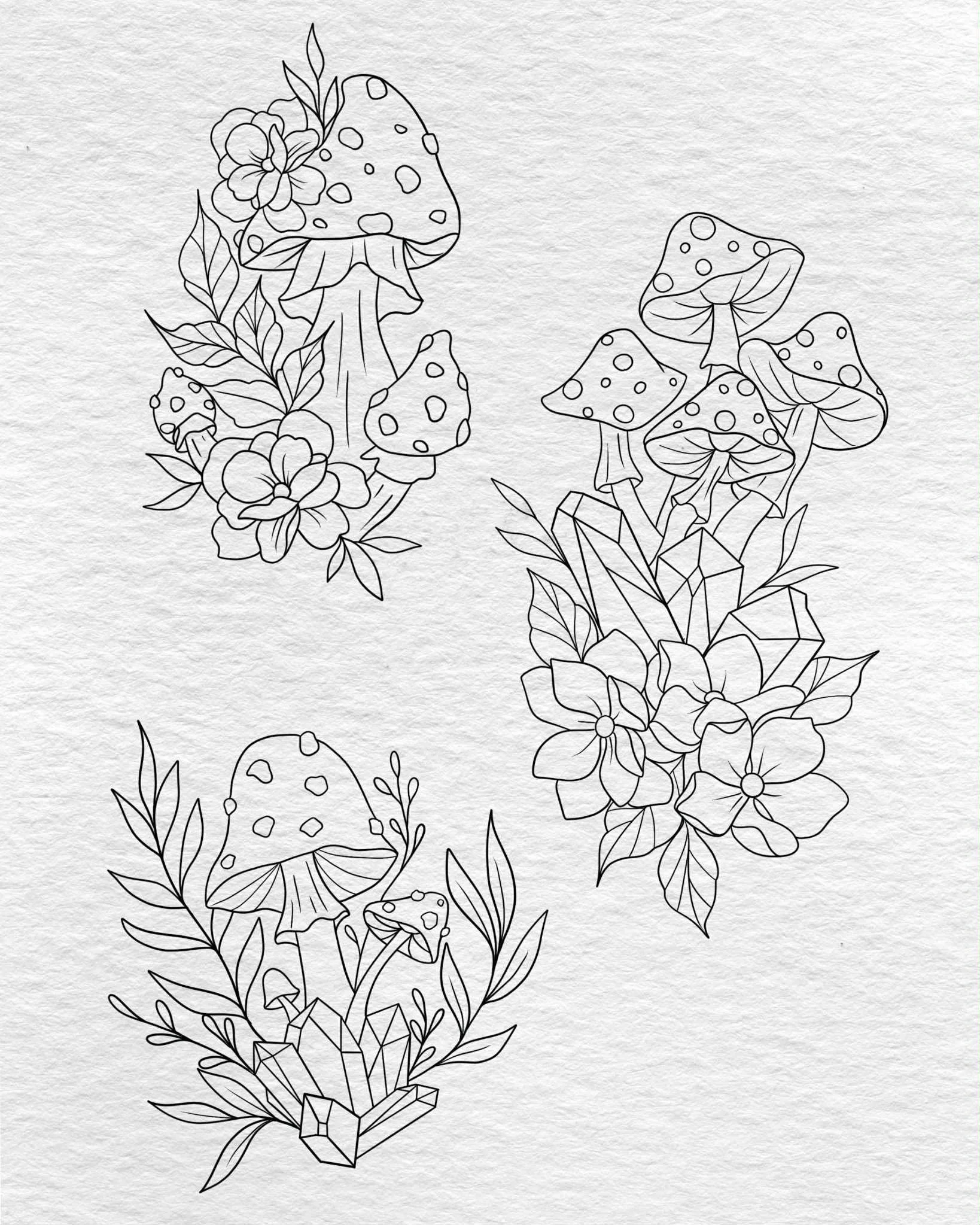 Line drawing of mushrooms with flowers, leaves, and crystals.
